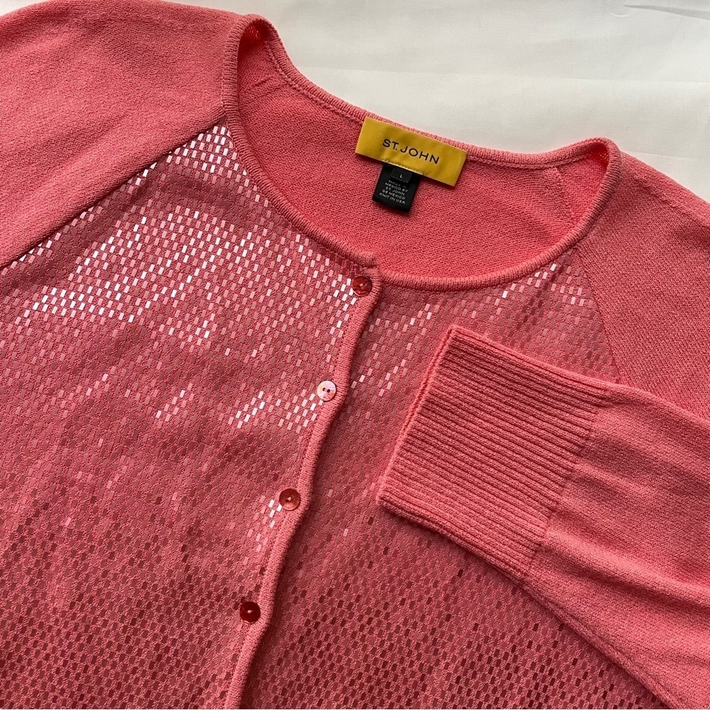 St. John Coral Wool Blend Sequin Knit Cardigan L 3/4 Sleeve Button Front